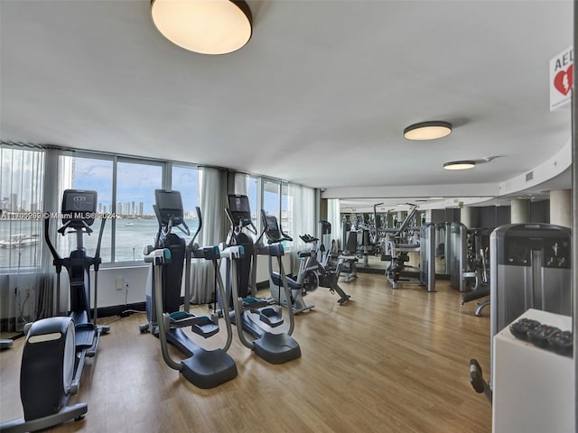 gym featuring hardwood / wood-style floors and a water view