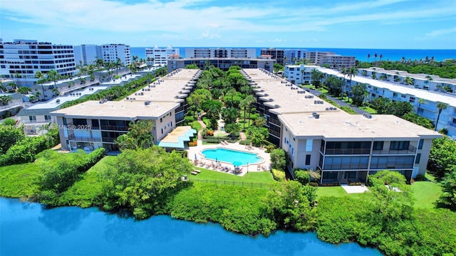 drone / aerial view featuring a water view