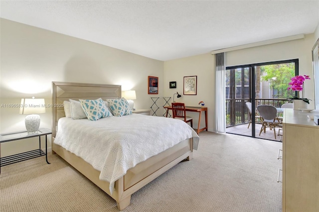 bedroom with light colored carpet and access to exterior