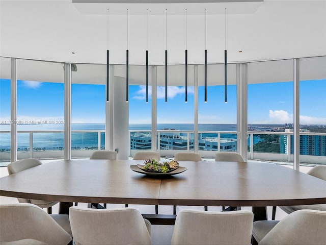 dining space featuring a water view, expansive windows, and a healthy amount of sunlight