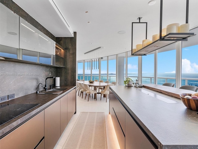 kitchen featuring a water view, backsplash, sink, and black electric cooktop