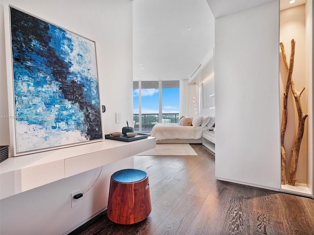 living room with expansive windows and dark hardwood / wood-style floors