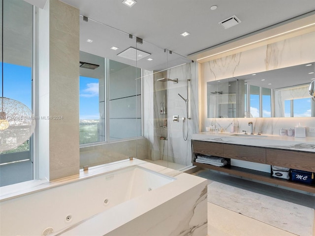 bathroom with separate shower and tub and vanity