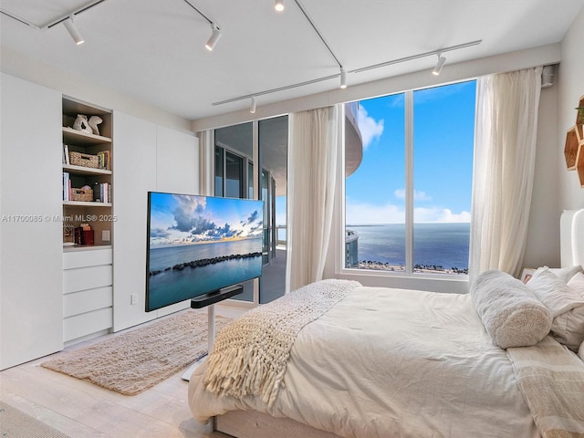 bedroom with rail lighting, wood finished floors, and access to exterior