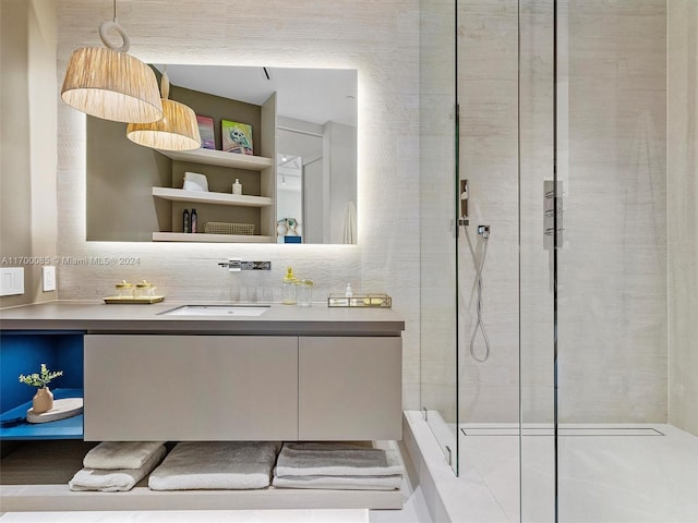 bathroom featuring vanity, backsplash, and a tile shower