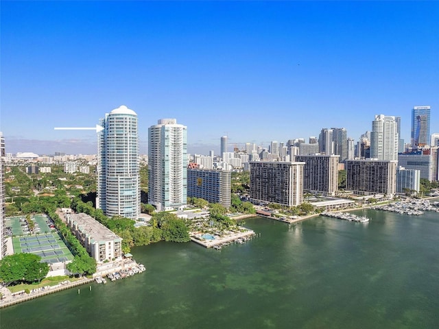 bird's eye view with a city view and a water view