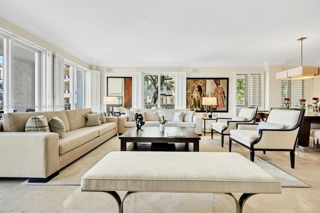 living room with ornamental molding and a healthy amount of sunlight