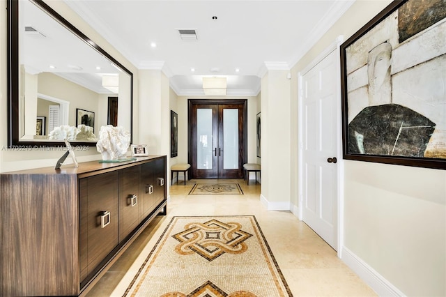 interior space featuring ornamental molding and french doors