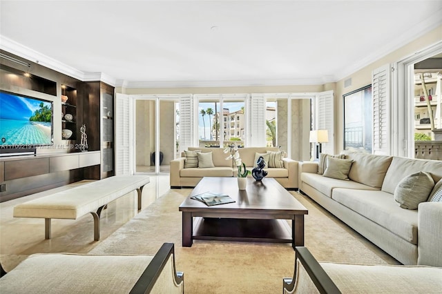 living room featuring ornamental molding