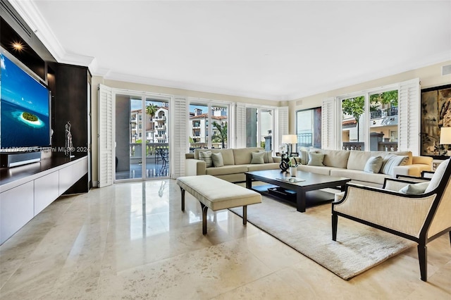 living room featuring ornamental molding