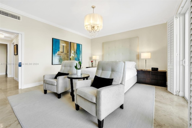 bedroom featuring a chandelier and ornamental molding