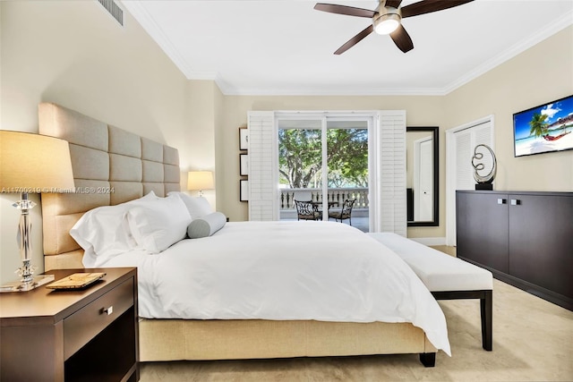 bedroom featuring ceiling fan, access to exterior, and ornamental molding