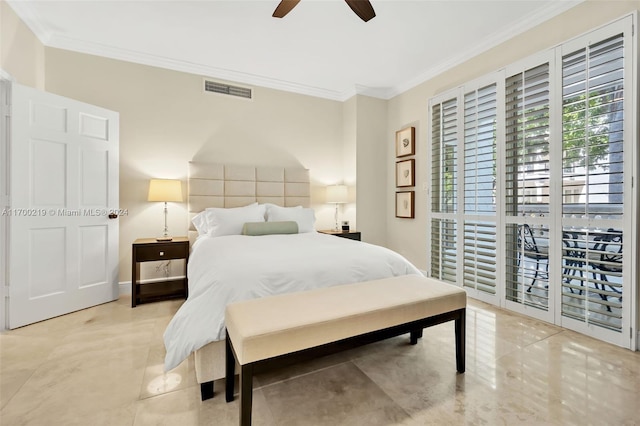 bedroom with access to outside, ceiling fan, and ornamental molding