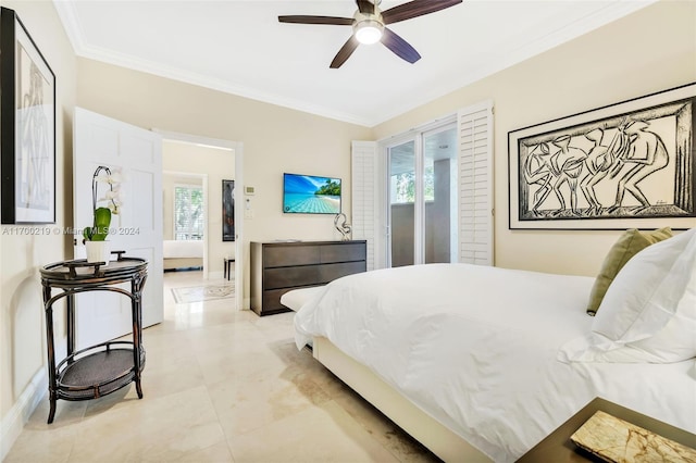 bedroom featuring access to outside, multiple windows, ornamental molding, and ceiling fan