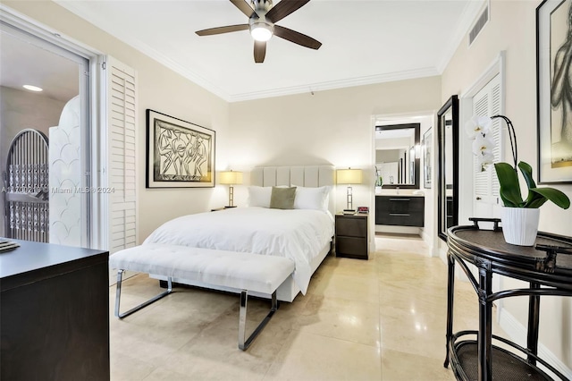 bedroom featuring connected bathroom, ceiling fan, and crown molding