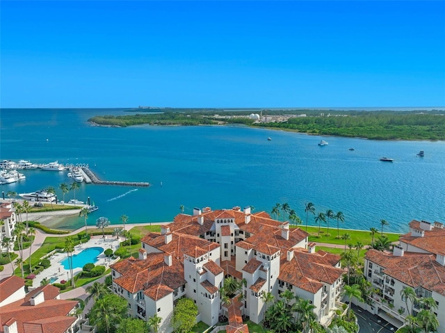 aerial view featuring a water view