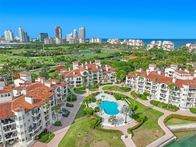 drone / aerial view featuring a water view