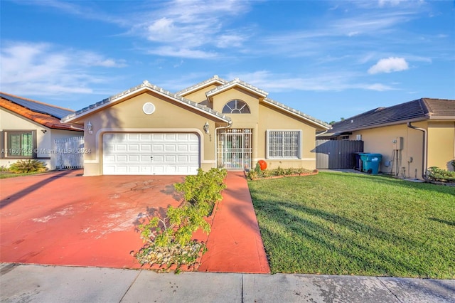 view of front of home with a front yard and a garage