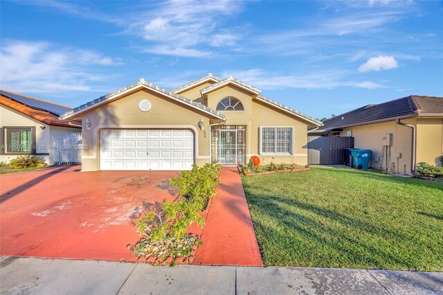 view of front of house with a garage and a front lawn