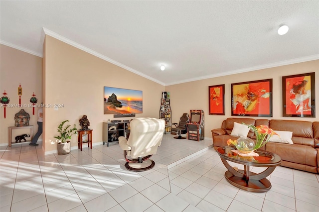 tiled living room featuring lofted ceiling and ornamental molding