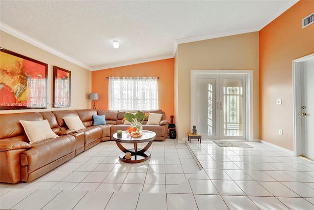 tiled living room with crown molding, a textured ceiling, and vaulted ceiling