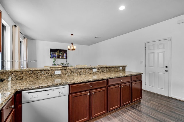 kitchen featuring light stone countertops, dark wood-type flooring, dishwasher, a chandelier, and hanging light fixtures