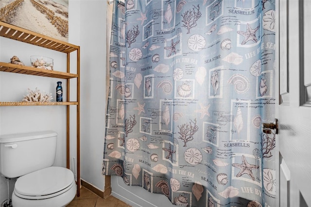 bathroom with tile patterned flooring, toilet, and shower / tub combo with curtain