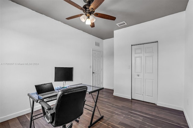 office space with ceiling fan and dark wood-type flooring