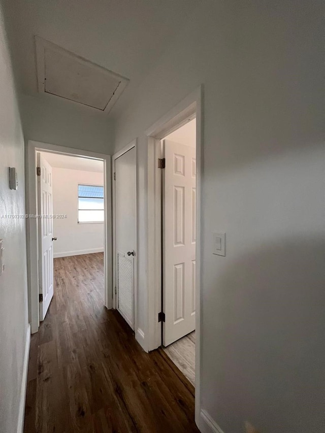 hallway with dark hardwood / wood-style flooring