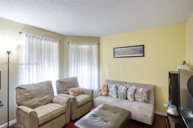 living room with a wealth of natural light, dark wood-type flooring, and a textured ceiling