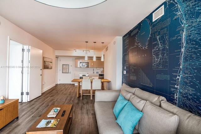 living room with hardwood / wood-style floors and sink