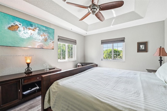 bedroom featuring a raised ceiling, multiple windows, and ceiling fan