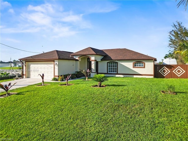 view of front of house featuring a garage and a front lawn