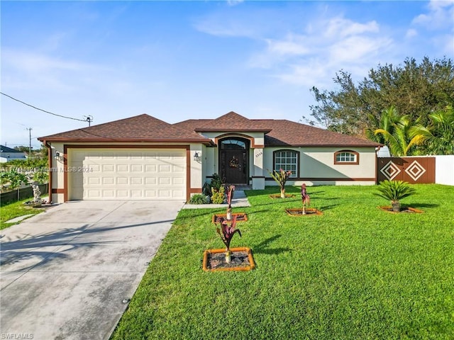 ranch-style home featuring a front lawn and a garage