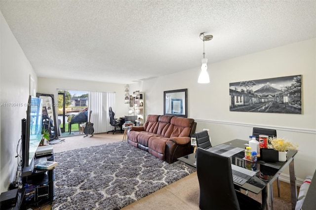 carpeted living room with a textured ceiling