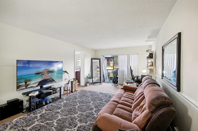 living room with light carpet and a textured ceiling