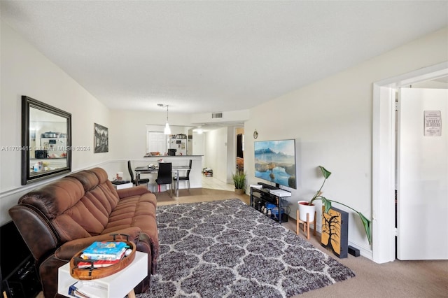 carpeted living room with a textured ceiling