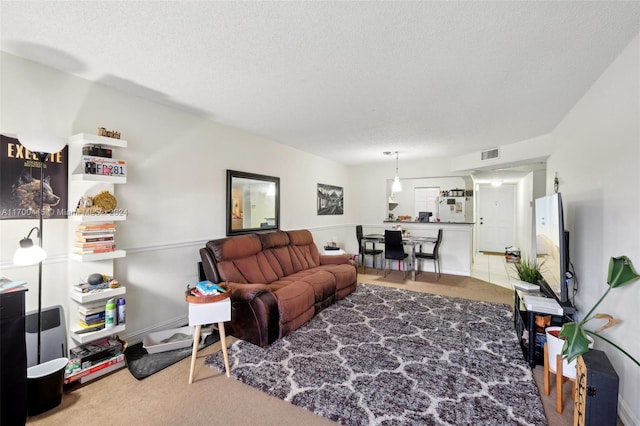 living room featuring carpet floors and a textured ceiling