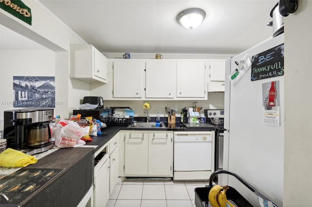 kitchen featuring white cabinetry, white appliances, sink, and range hood