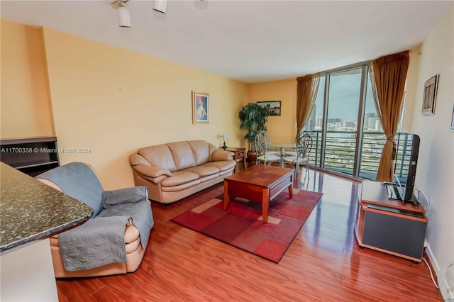 living room with hardwood / wood-style floors and expansive windows