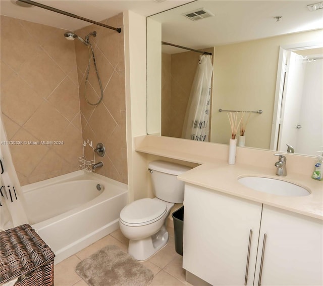 full bathroom featuring tile patterned floors, vanity, shower / bathtub combination with curtain, and toilet