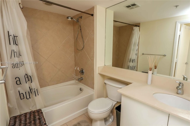 full bathroom with tile patterned floors, vanity, toilet, and shower / tub combo with curtain