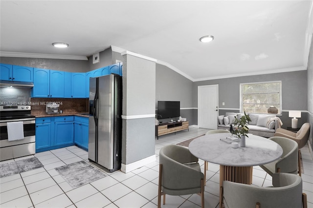 kitchen with backsplash, stainless steel appliances, blue cabinets, crown molding, and light tile patterned floors