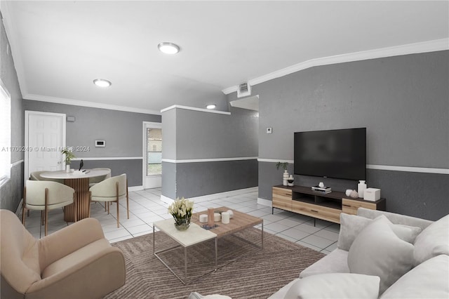 tiled living room featuring crown molding