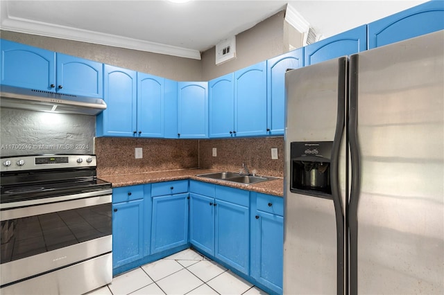 kitchen with sink, light tile patterned floors, stainless steel appliances, and blue cabinets