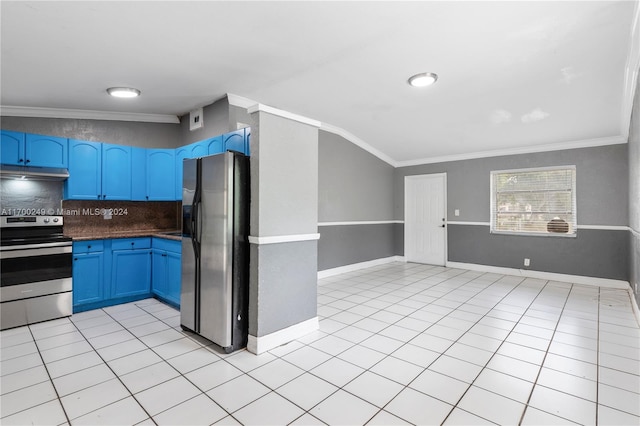 kitchen featuring appliances with stainless steel finishes, tasteful backsplash, blue cabinets, crown molding, and light tile patterned floors