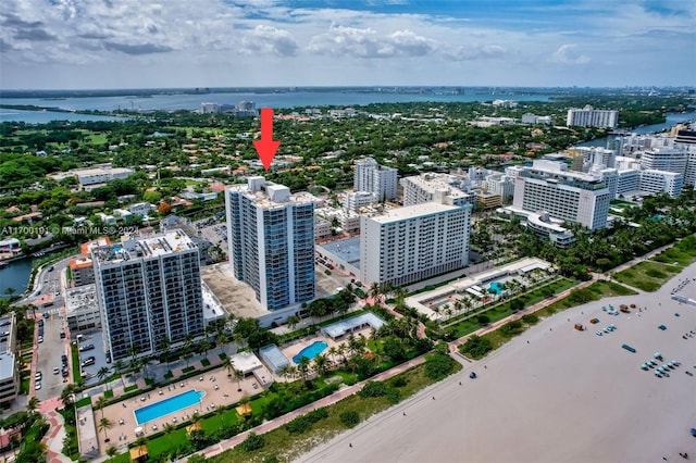 drone / aerial view featuring a water view