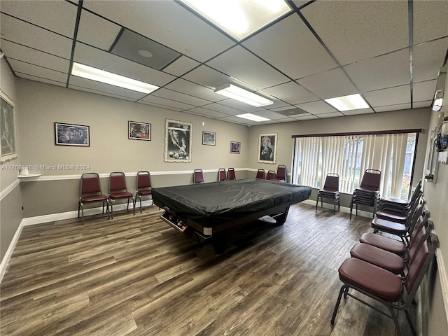 game room with a drop ceiling, billiards, and hardwood / wood-style flooring