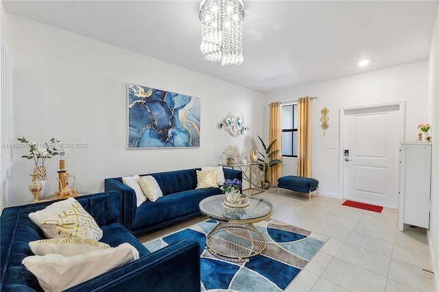 tiled living room featuring a chandelier