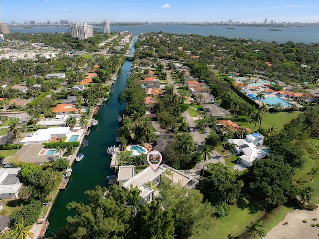 drone / aerial view featuring a water view